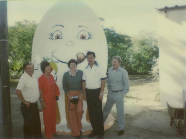 People pictured from left to right:  Norman Weber , Veronica Weber (Biggy’s cousins that were visiting from Johannesburg), Mrs Lee (Teacher at Gonubie Primary School - still presently teaching there), Douglas Diesel and Snowy (Adriaan Barnard) posing with the Gonubie Egg (circa 1979) Photo credit: Malcolm Turner