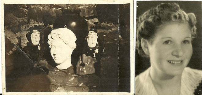 Plaster bust of Toby's wife Eva flanked between two of Toby's cement gnome sculptures. Original photograph of Eva on the right.